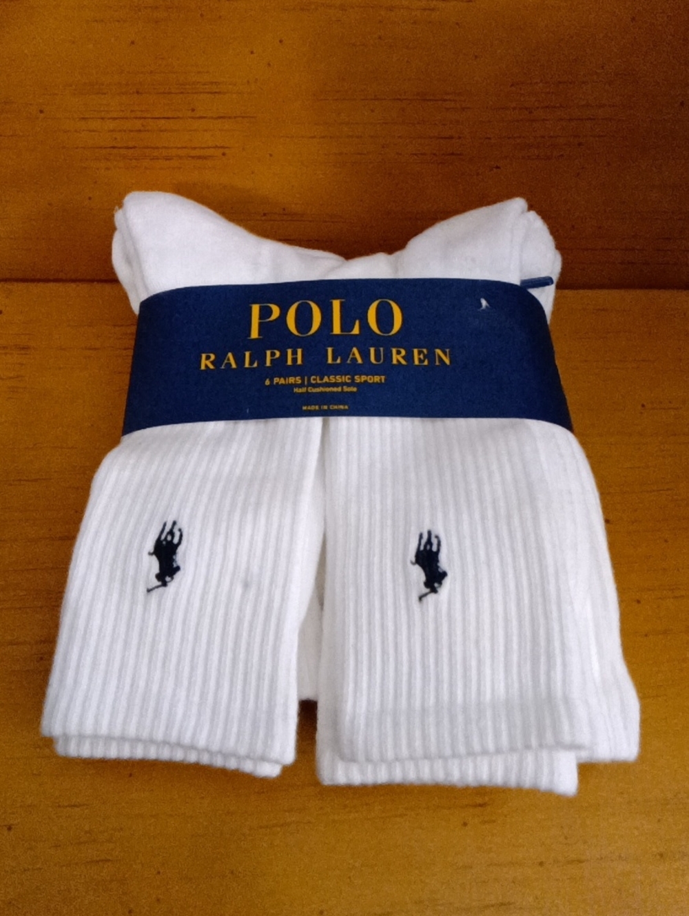 Polo by Ralph Lauren White Crew Athletic Socks with Navy Logo - 6-Pack